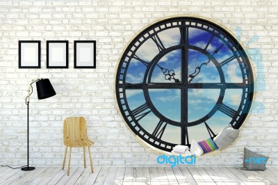 White Room Interior In Minimalist Decoration With Round Metal Clockwork Window Stock Image