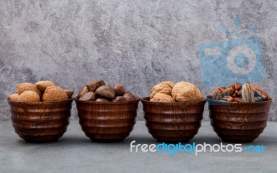 Whole Almonds,whole Walnuts ,whole Hazelnut And Pecan Nuts In Wo… Stock Photo