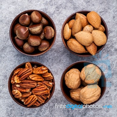 Whole Almonds,whole Walnuts ,whole Hazelnut And Pecan Nuts In Wo… Stock Photo