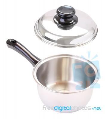 Wide Black Handle Round Stainless Pot With Floating Cover On White Background Stock Photo