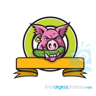 Wild Boar Biting Gherkin Circle Mascot Stock Image
