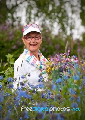 Healthy Elderly Smiling Woman With Flowers Stock Photo