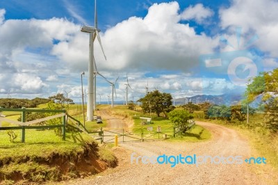 Wind Farm At The Road In Costa Rica Near Tierras Morenas Stock Photo