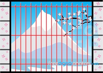 Window Of Japan House With Fuji Mountain View,  Illustrati Stock Image