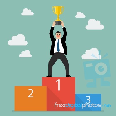 Winner Businessman With Winning Throphy Stand On A Podium Stock Image