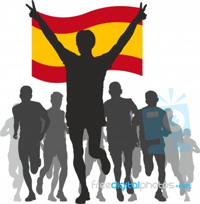 Winner With The Spain Flag At The Finish Stock Image