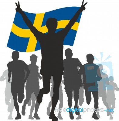 Winner With The Sweden Flag At The Finish Stock Image
