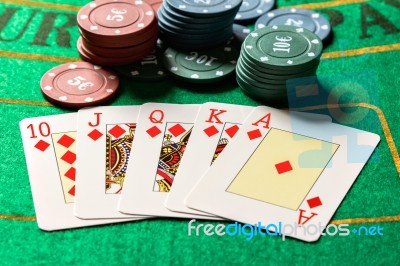 Winning Poker Game With Royal Straight Flush Stock Photo