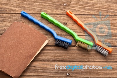 Wire Brush Sandpaper Equipment Background Wood Teak Still Life Stock Photo