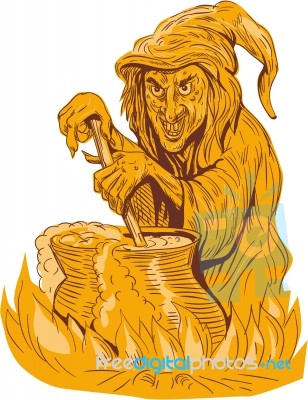 Witch Stirring Brew Pot Drawing Stock Image