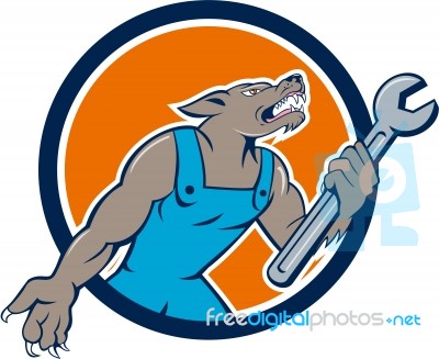 Wolf Mechanic Spanner Circle Cartoon Stock Image