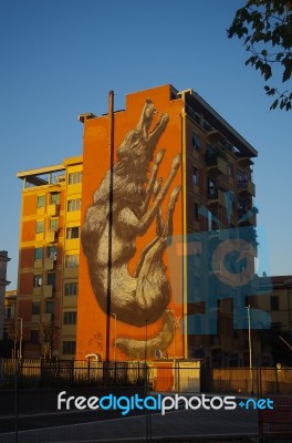 Wolf Painted Building Stock Photo