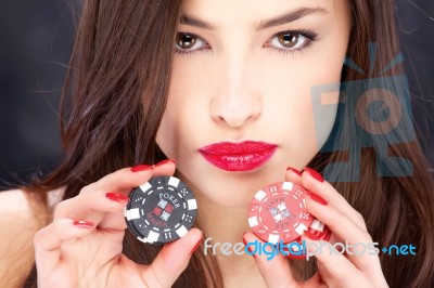 Woman And Gambling Chips Stock Photo