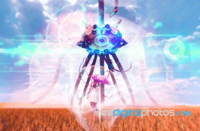 Woman Being Attack By A Giant Mech,fiction Concept,3d Rendering Stock Image