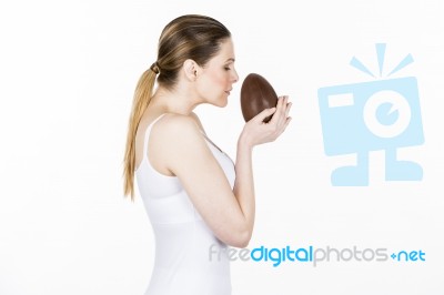 Woman  Chocolate Easter Egg Stock Photo