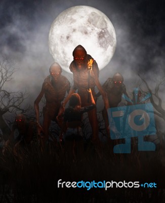 Woman Discover  A Mythical Creature Call Bogeyman In Creepy Forest Stock Image
