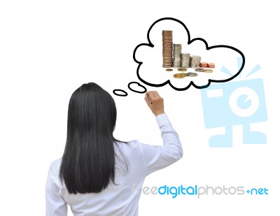 Woman Drawing The Money Stock Photo