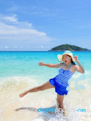 Woman Fun On Beach In Thailand Stock Photo