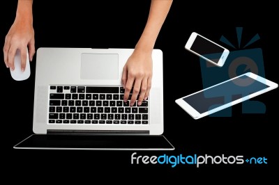 Woman Hand Working On Laptop, Holding Mouse Stock Photo