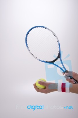 Woman Hands With Tennis Racket Stock Photo