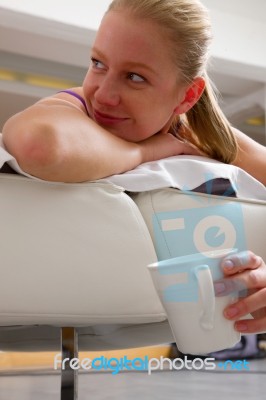 Woman Having Breakfast In Bed Stock Photo