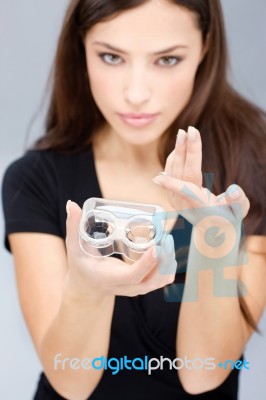 Woman Hold Contact Lenses Cases Stock Photo