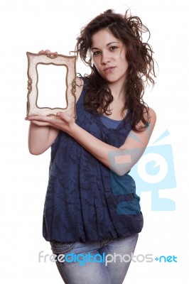 Woman Holding An Picture Frame Stock Photo