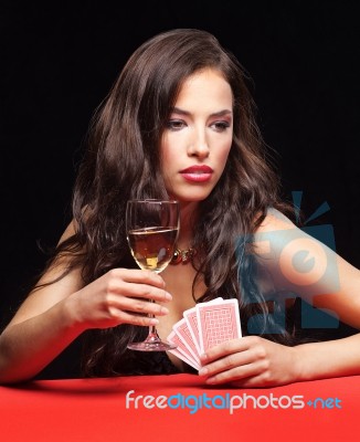 Woman Holding Gambling Cards And Wine Stock Photo Woman Holding Gambling Cards And Wine Stock Photo