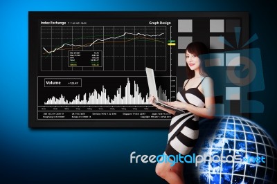 Woman Holding Laptop With Graph Stock Photo