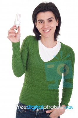 Woman Holding Lightbulb Stock Photo