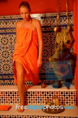 Woman In Bathroom With Towel Stock Photo