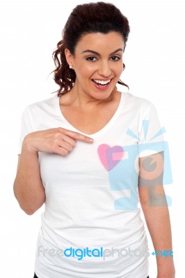 Woman Pointing Heart Paper Stock Photo