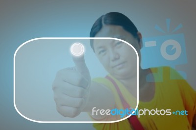 Woman Pressing The Button Stock Photo