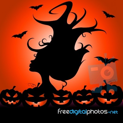 Woman Pumpkin Means Trick Or Treat And Bats Stock Image