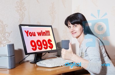 Woman Rejoices Win $ 999 Stock Photo