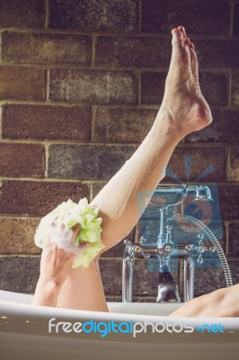Woman Shower In Bathtub Stock Photo