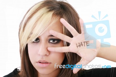 Woman Showing Hate Text Stock Photo