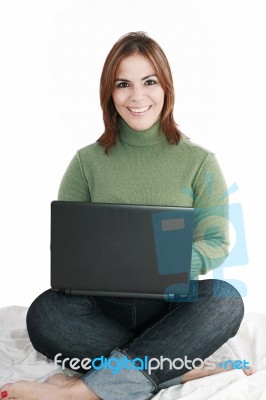 Woman Sitting With Laptop Stock Photo