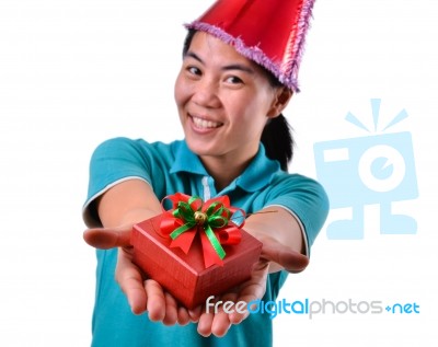 Woman Smile And Hold Gift Box In Hands Stock Photo