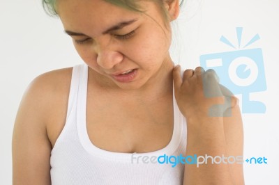 Woman Suffering From Shoulder Pain,woman Healthcare Concept And Ideas Stock Photo