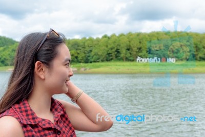 Woman Tourist At Huai Krathing Reservoir Stock Photo