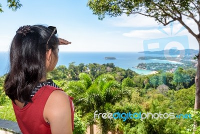 Woman Tourist On High Scenic View Stock Photo
