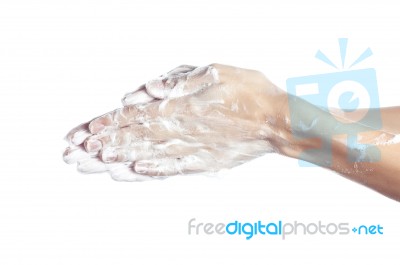 Woman Washes Her Hands. Pictured Female Hands In Soapsuds. Isola… Stock Photo