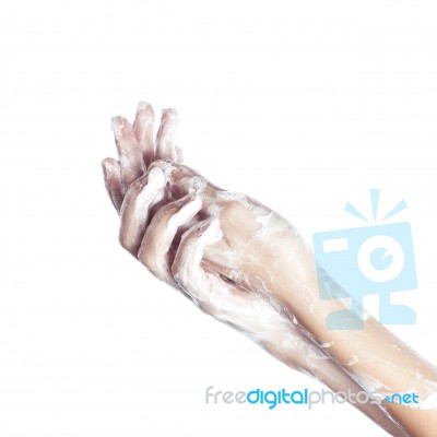 Woman Washes Her Hands. Pictured Female Hands In Soapsuds. Isola… Stock Photo