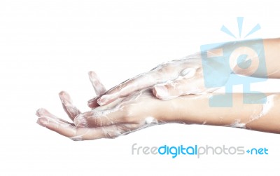 Woman Washes Her Hands. Pictured Female Hands In Soapsuds. Isola… Stock Photo