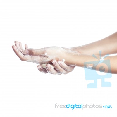 Woman Washes Her Hands. Pictured Female Hands In Soapsuds. Isola… Stock Photo