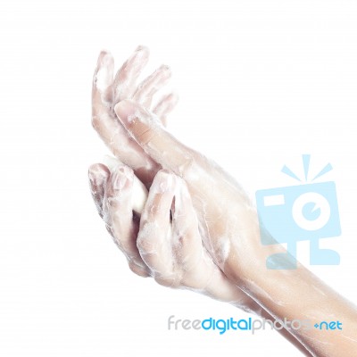 Woman Washes Her Hands. Pictured Female Hands In Soapsuds. Isola… Stock Photo