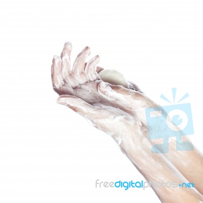 Woman Washes Her Hands. Pictured Female Hands In Soapsuds. Isola… Stock Photo