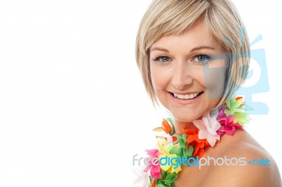 Woman Wearing Colorful Garland Stock Photo