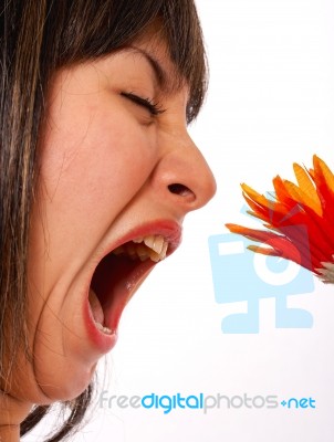Woman With An Allergy Smelling A Flower Stock Photo
